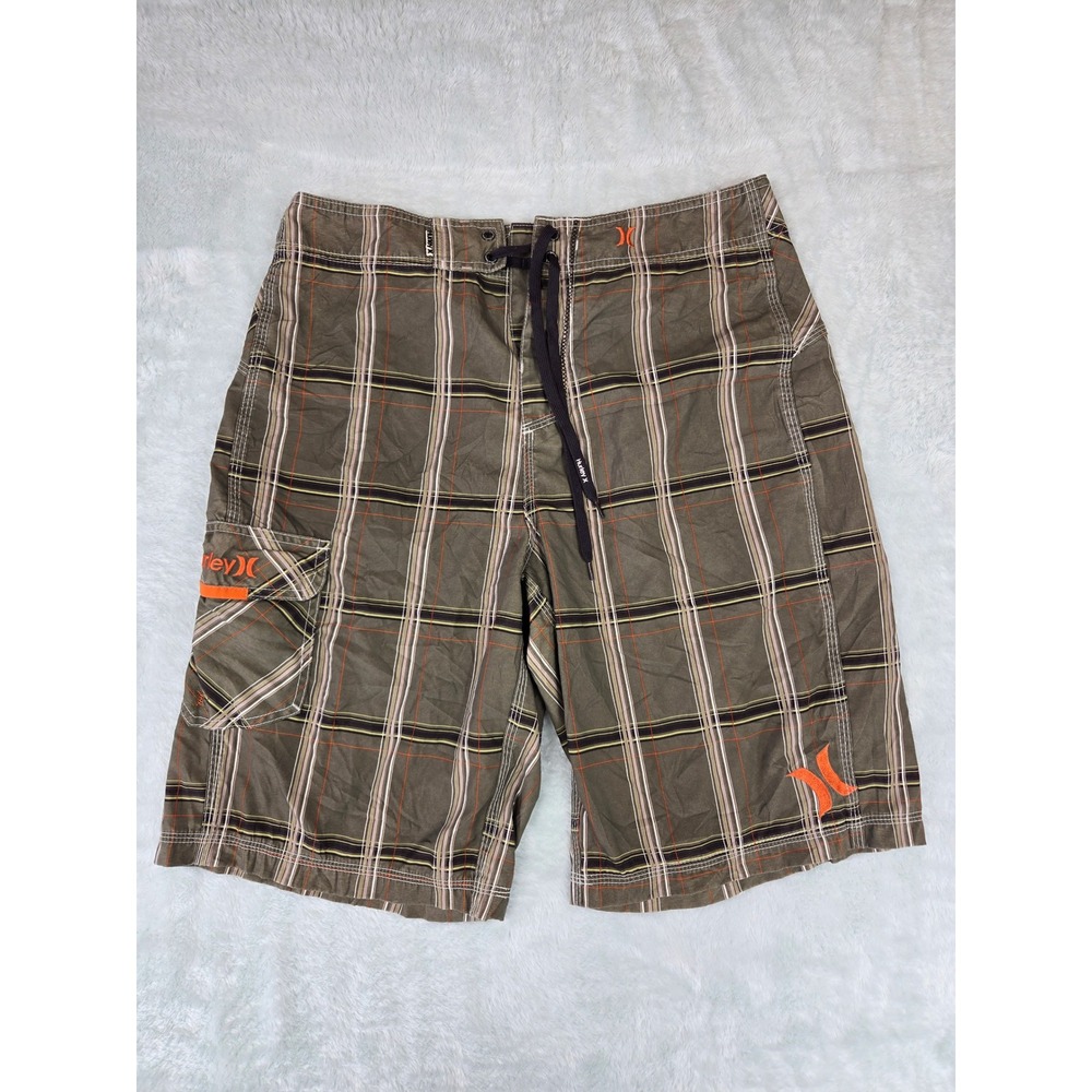 Hurley Mens Plaid Board Shorts Olive Orange Cargo Swim Trunks MB04PI Spring 2007